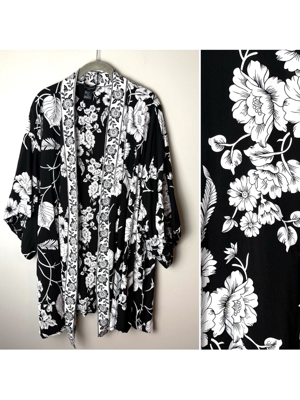Cynthia Rowley Cardigan Kimono Top Plus Size 3X Short Sleeves Black White Open